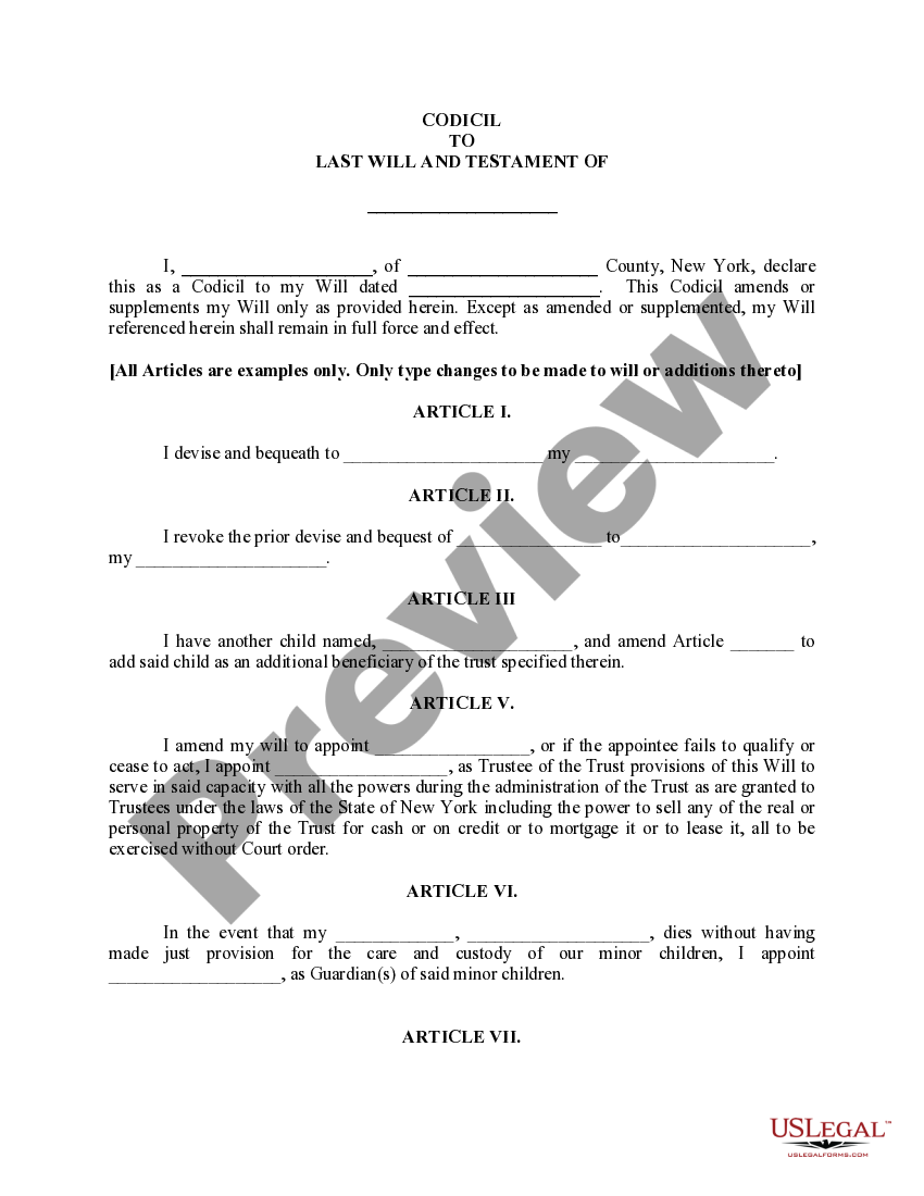 Queens New York Codicil To Will Form For Amending Your Will Will 