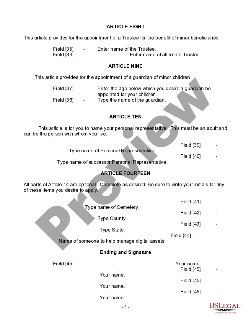 Preview Last Will and Testament for Widow or Widower with Minor Children
