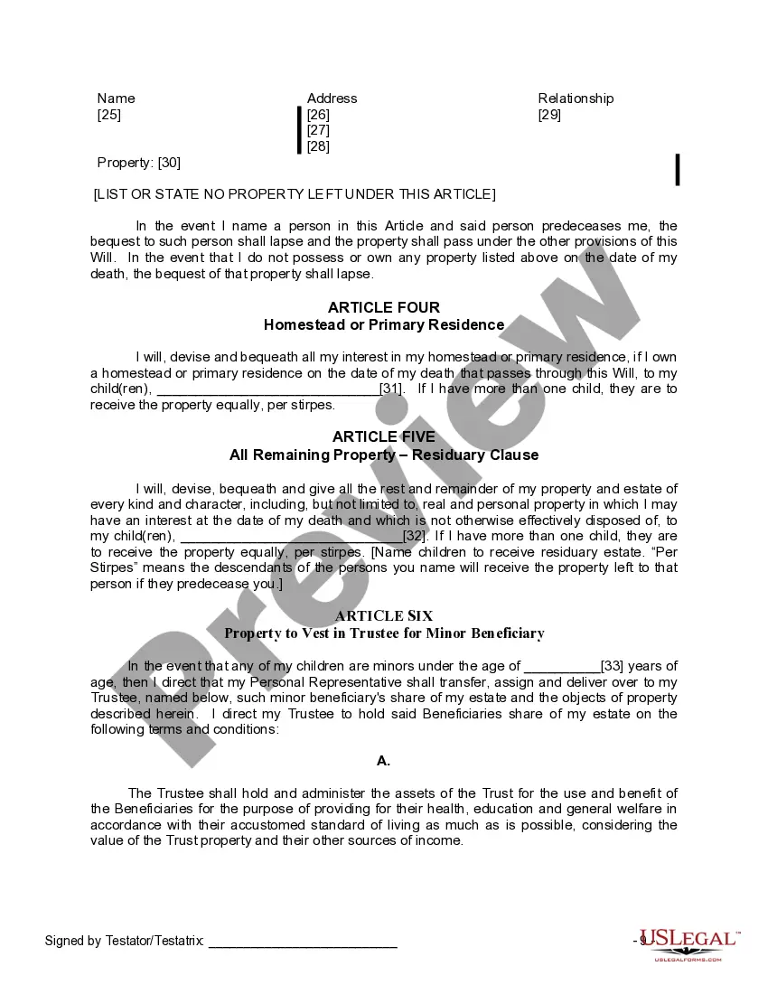 Preview Last Will and Testament for a Widow or Widower with Adult and Minor Children