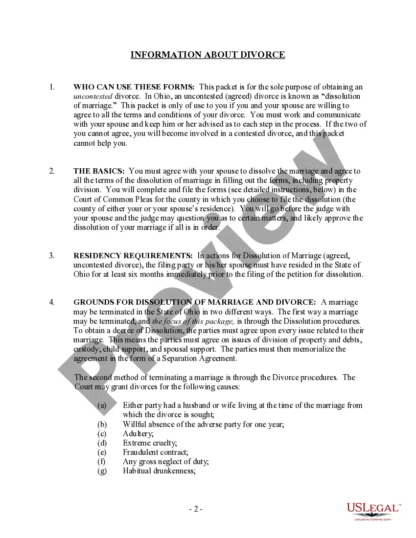 Preview Ohio No-Fault Uncontested Agreed Divorce Package for Dissolution of Marriage with Adult Children and with or without Property and Debts