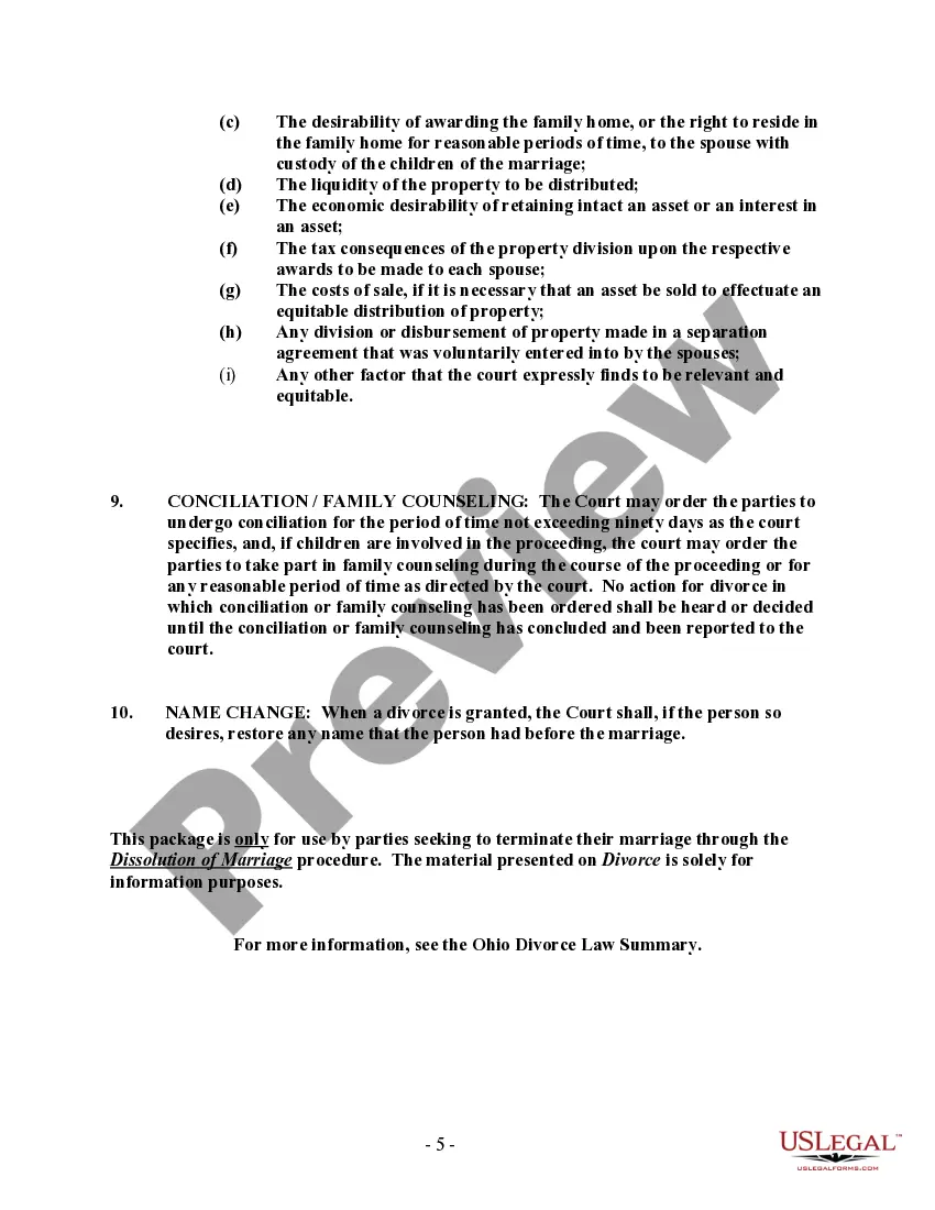 Preview Ohio No-Fault Uncontested Agreed Divorce Package for Dissolution of Marriage with Adult Children and with or without Property and Debts