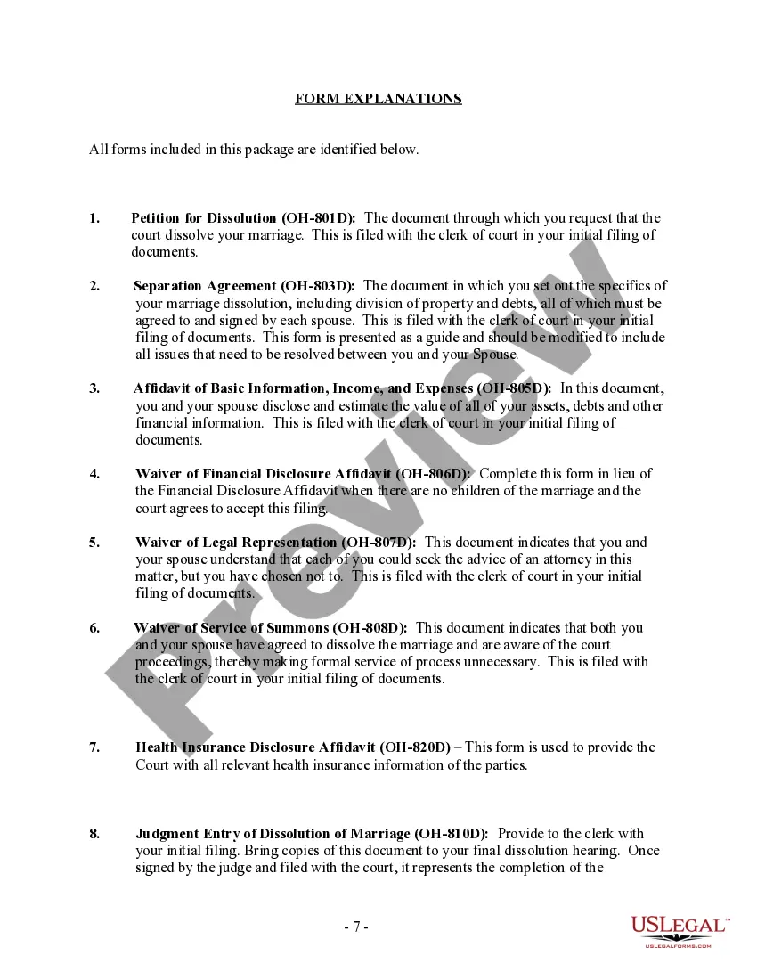 Preview Ohio No-Fault Uncontested Agreed Divorce Package for Dissolution of Marriage with Adult Children and with or without Property and Debts