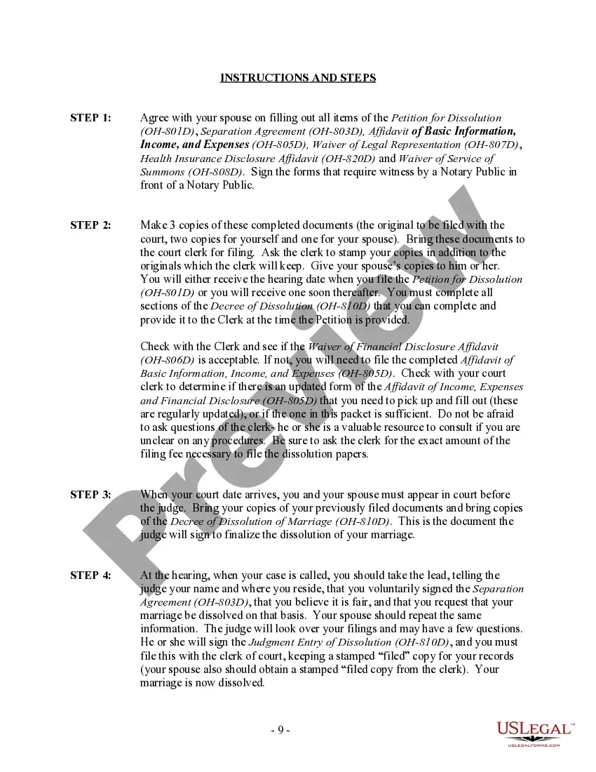 Preview Ohio No-Fault Uncontested Agreed Divorce Package for Dissolution of Marriage with Adult Children and with or without Property and Debts