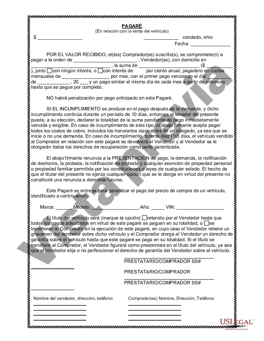 Preview Factura de venta de automóvil o vehículo, incluida la declaración del cuentakilómetros y el pagaré