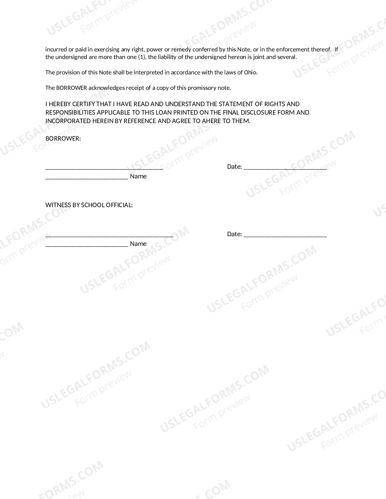 Preview Long Term Educational Loan Promissory Note