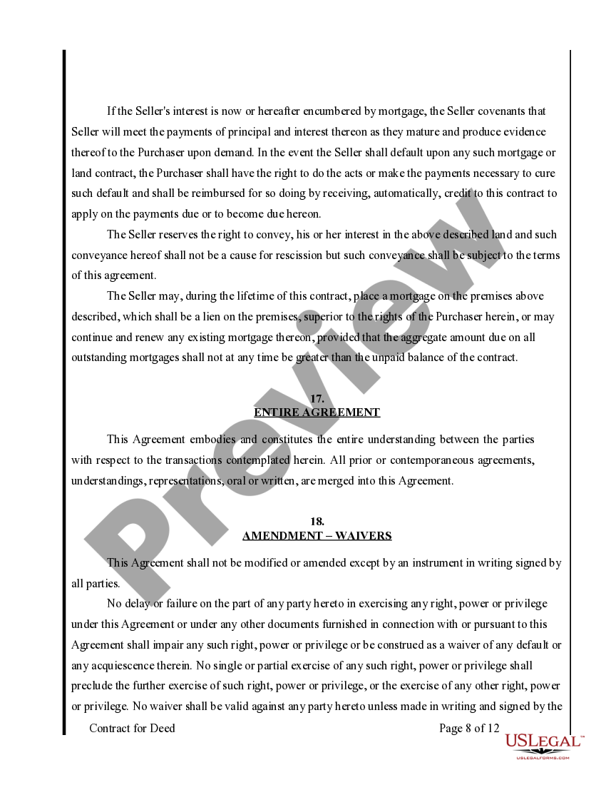 Ohio Agreement or Contract for Deed for Sale and Purchase of Real Estate a/k/a Land or Executory