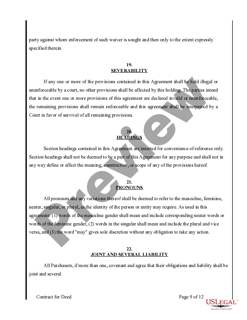 Ohio Agreement or Contract for Deed for Sale and Purchase of Real Estate a/k/a Land or Executory