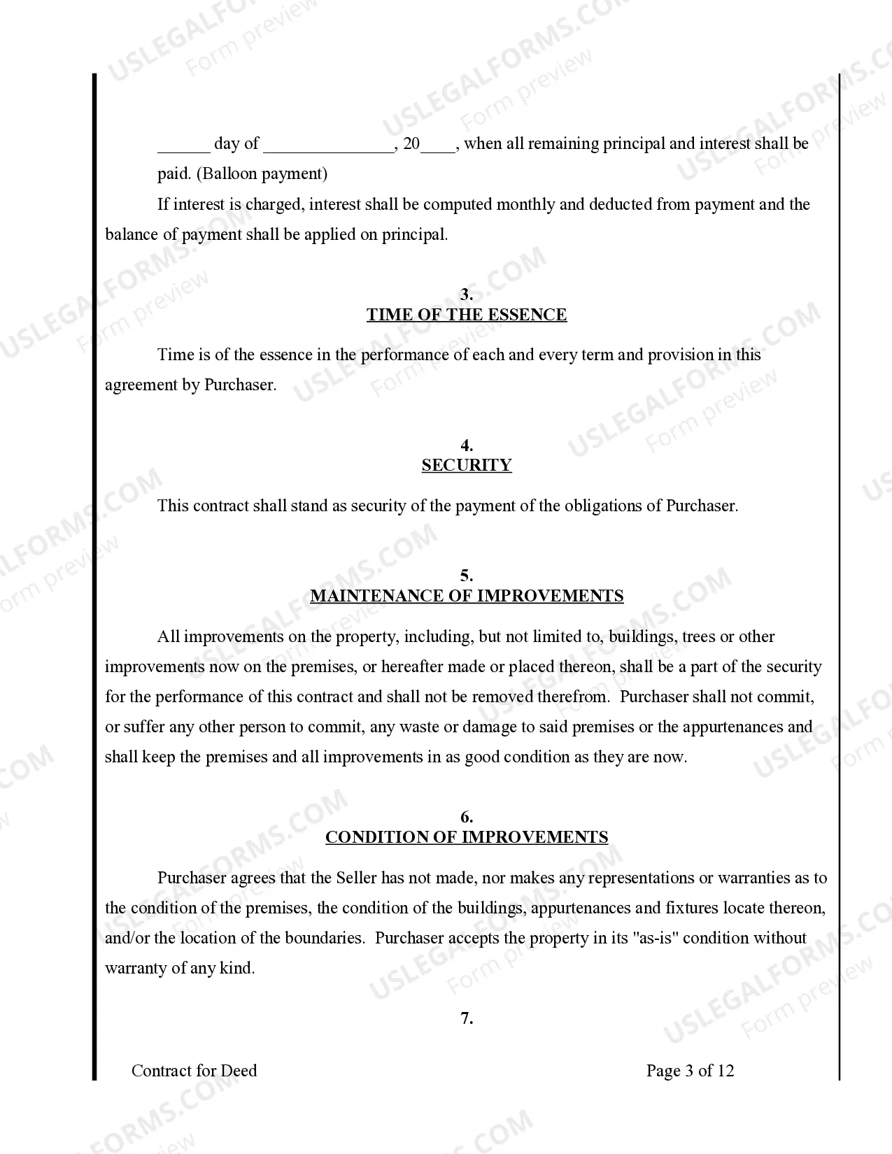 Preview Agreement or Contract for Deed for Sale and Purchase of Real Estate a/k/a Land or Executory Contract