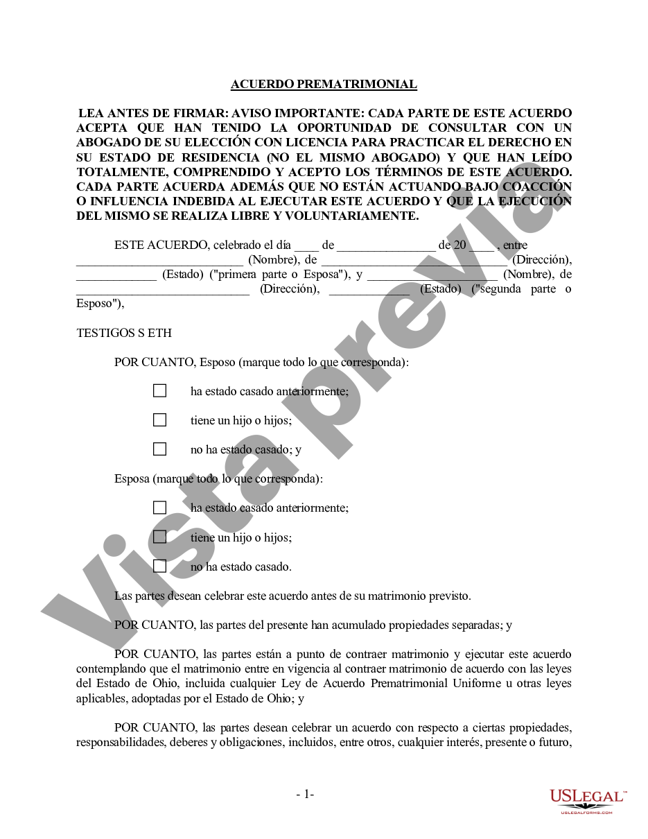 Cuyahoga Acuerdo prematrimonial prenupcial de Ohio sin estados financieros  | US Legal Forms