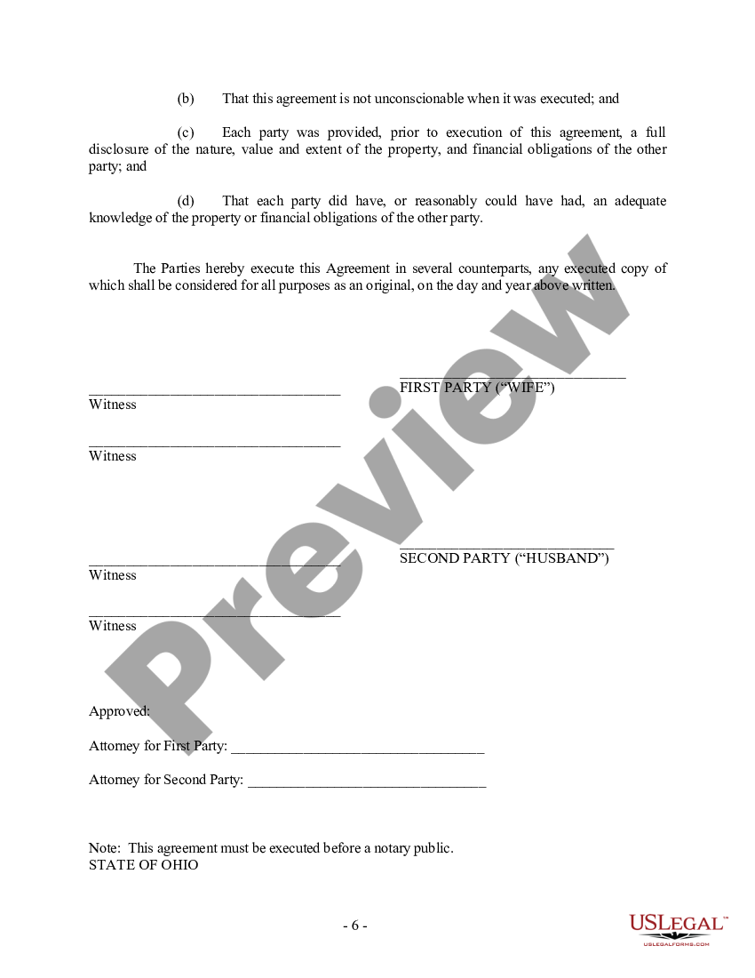 Ohio Prenuptial Premarital Agreement with Financial Statements US