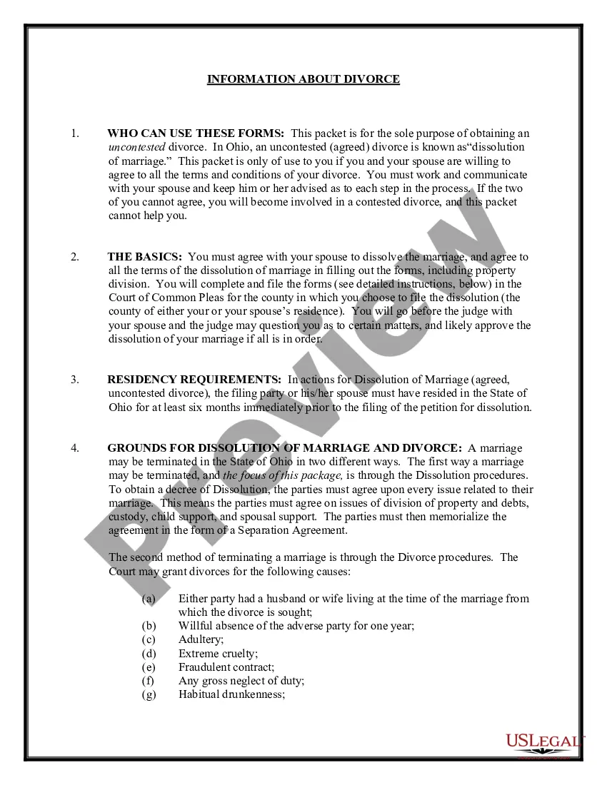 Preview Ohio No-Fault Agreed Uncontested Divorce Package for Dissolution of Marriage for people with Minor Children