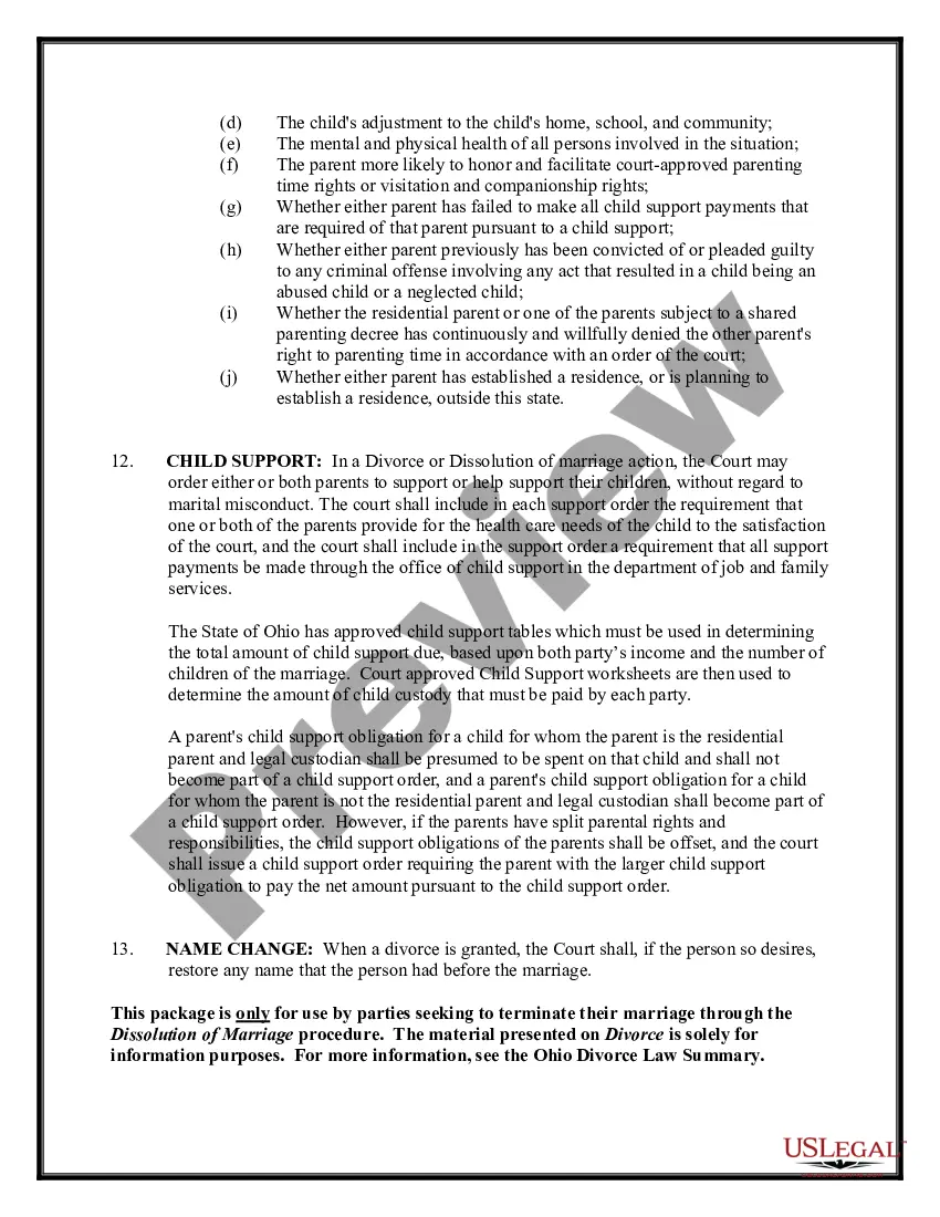 Preview Ohio No-Fault Agreed Uncontested Divorce Package for Dissolution of Marriage for people with Minor Children