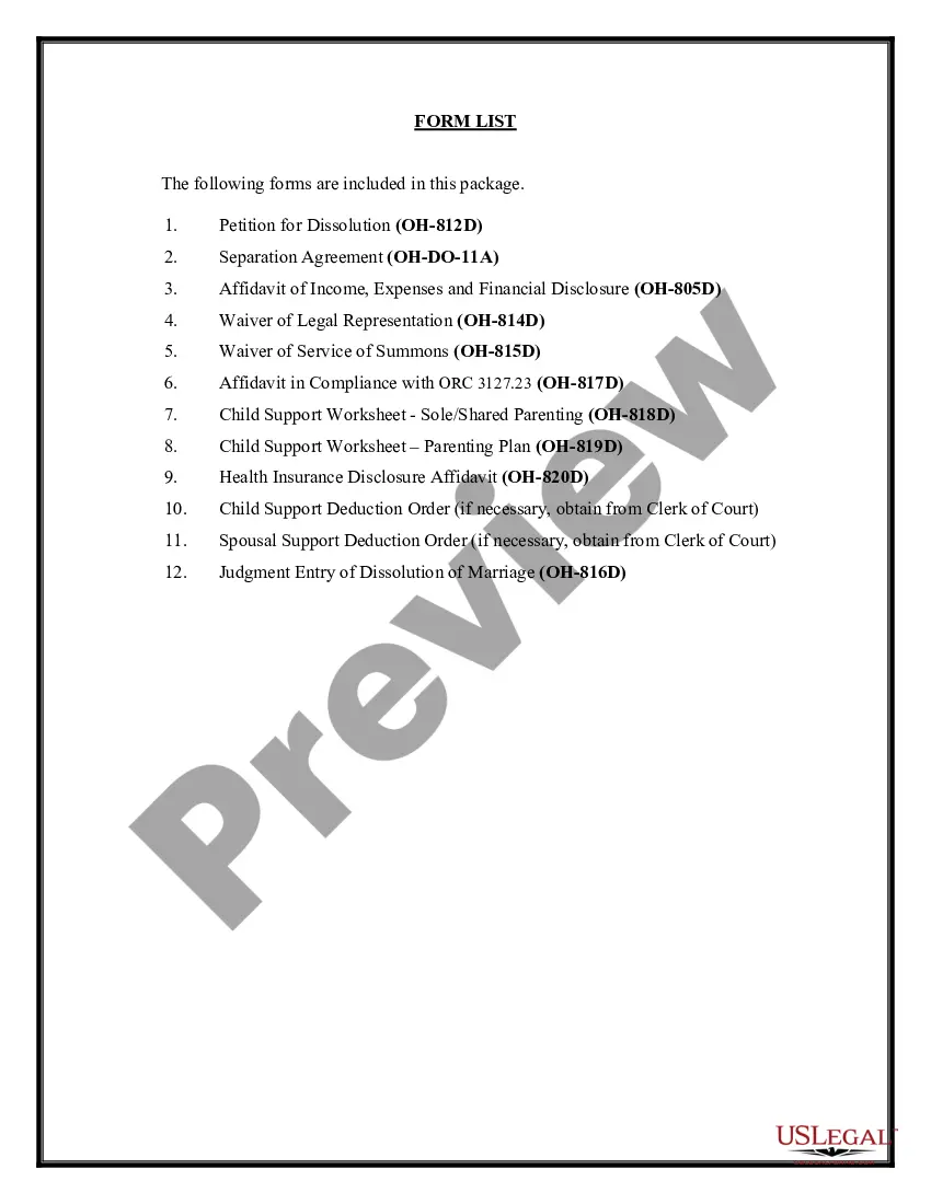 Preview Ohio No-Fault Agreed Uncontested Divorce Package for Dissolution of Marriage for people with Minor Children