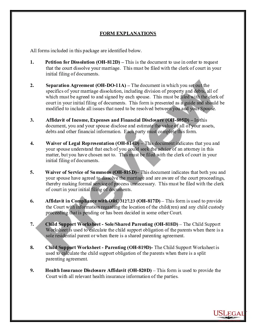 Preview Ohio No-Fault Agreed Uncontested Divorce Package for Dissolution of Marriage for people with Minor Children