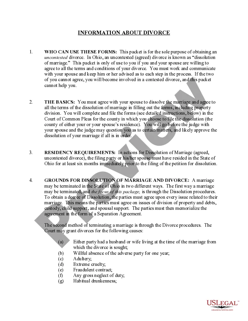 Preview Ohio No-Fault Agreed Uncontested Divorce Package for Dissolution of Marriage for Persons with No Children with or without Property and Debts