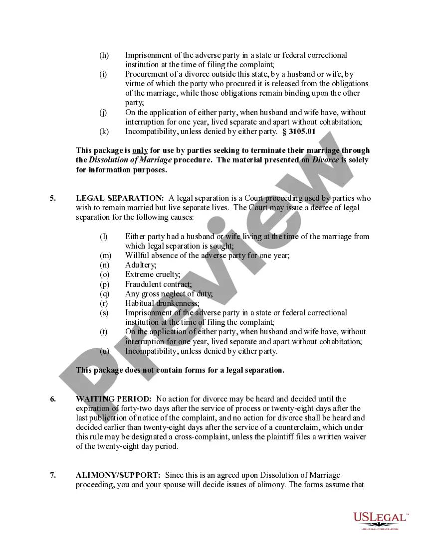 Preview Ohio No-Fault Agreed Uncontested Divorce Package for Dissolution of Marriage for Persons with No Children with or without Property and Debts