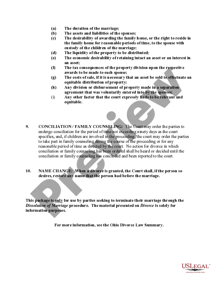 Preview Ohio No-Fault Agreed Uncontested Divorce Package for Dissolution of Marriage for Persons with No Children with or without Property and Debts