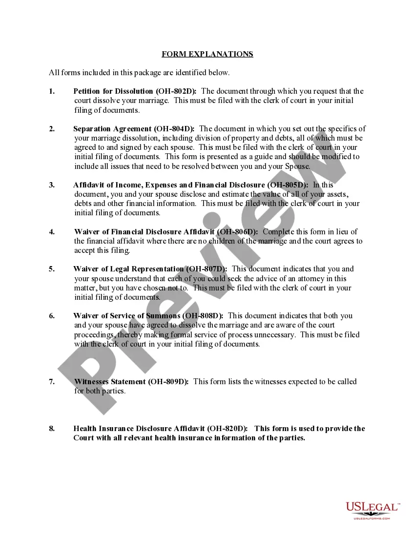 Preview Ohio No-Fault Agreed Uncontested Divorce Package for Dissolution of Marriage for Persons with No Children with or without Property and Debts