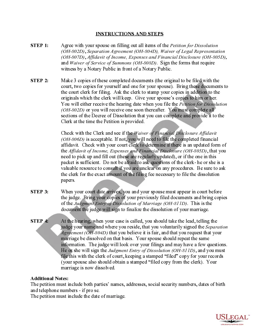 Preview Ohio No-Fault Agreed Uncontested Divorce Package for Dissolution of Marriage for Persons with No Children with or without Property and Debts