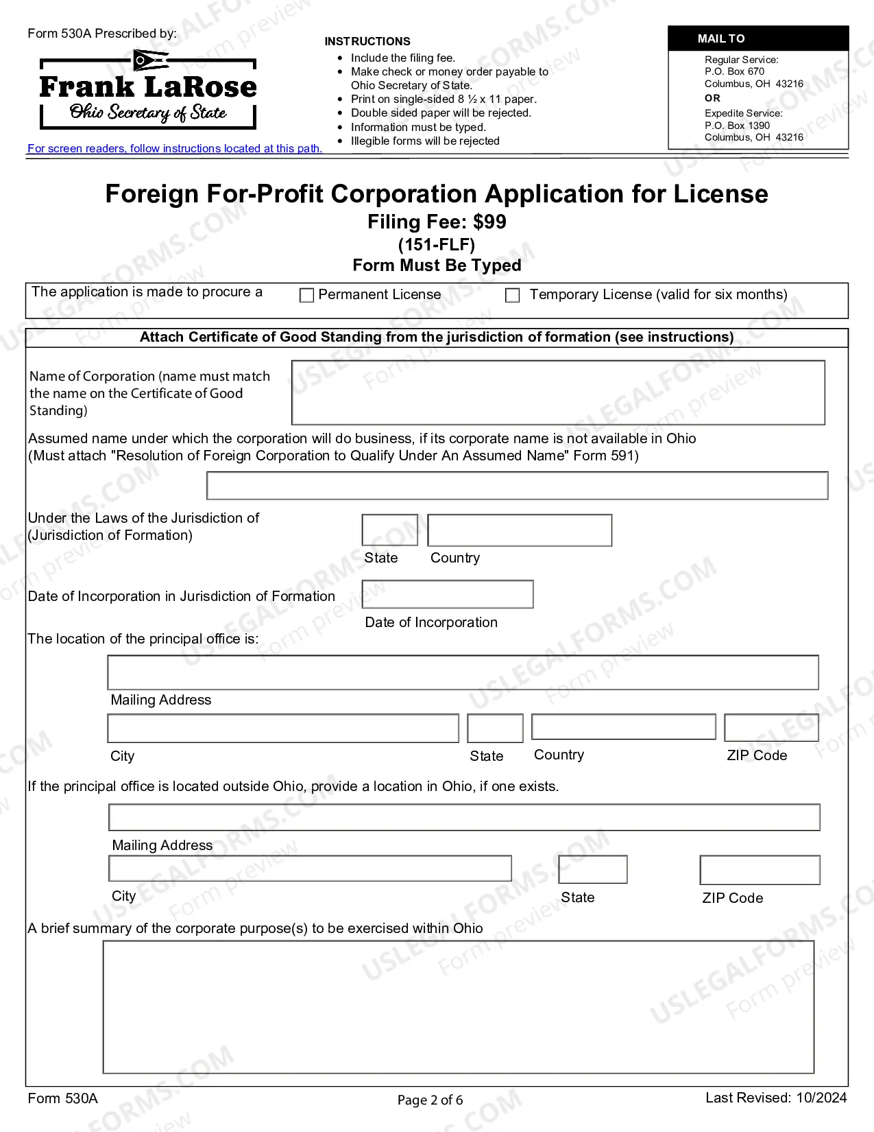 Preview Ohio Registration of Foreign Corporation