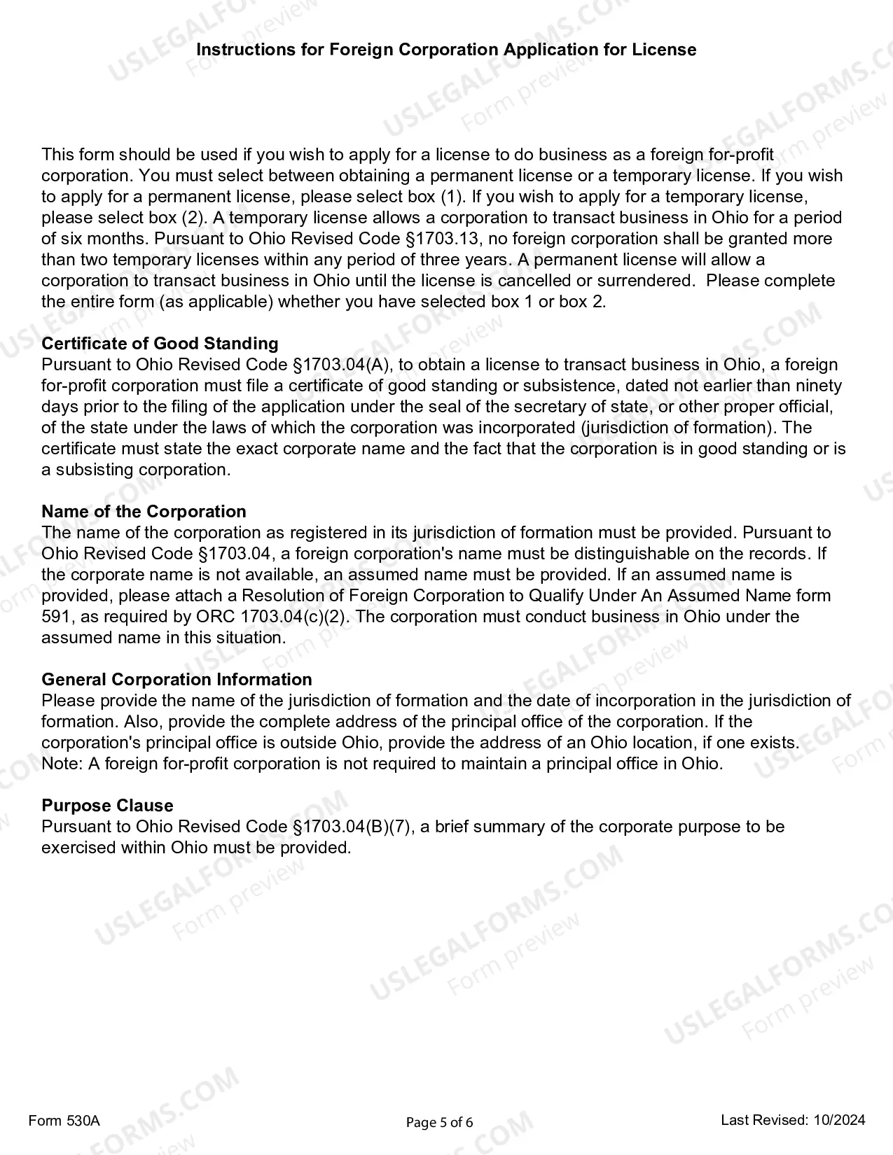 Preview Ohio Registration of Foreign Corporation