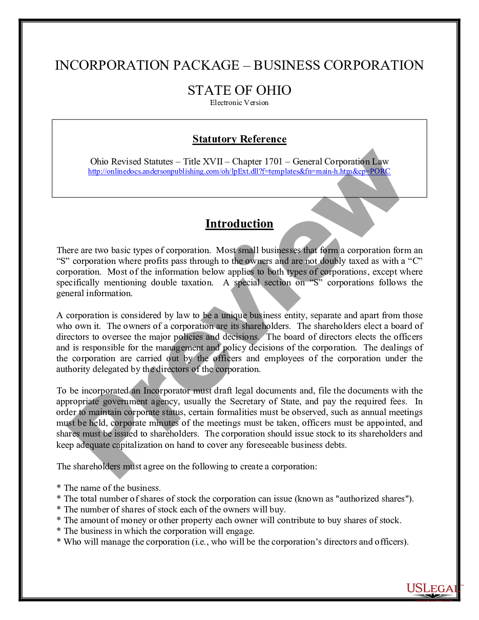page 1 Ohio Business Incorporation Package to Incorporate Corporation preview