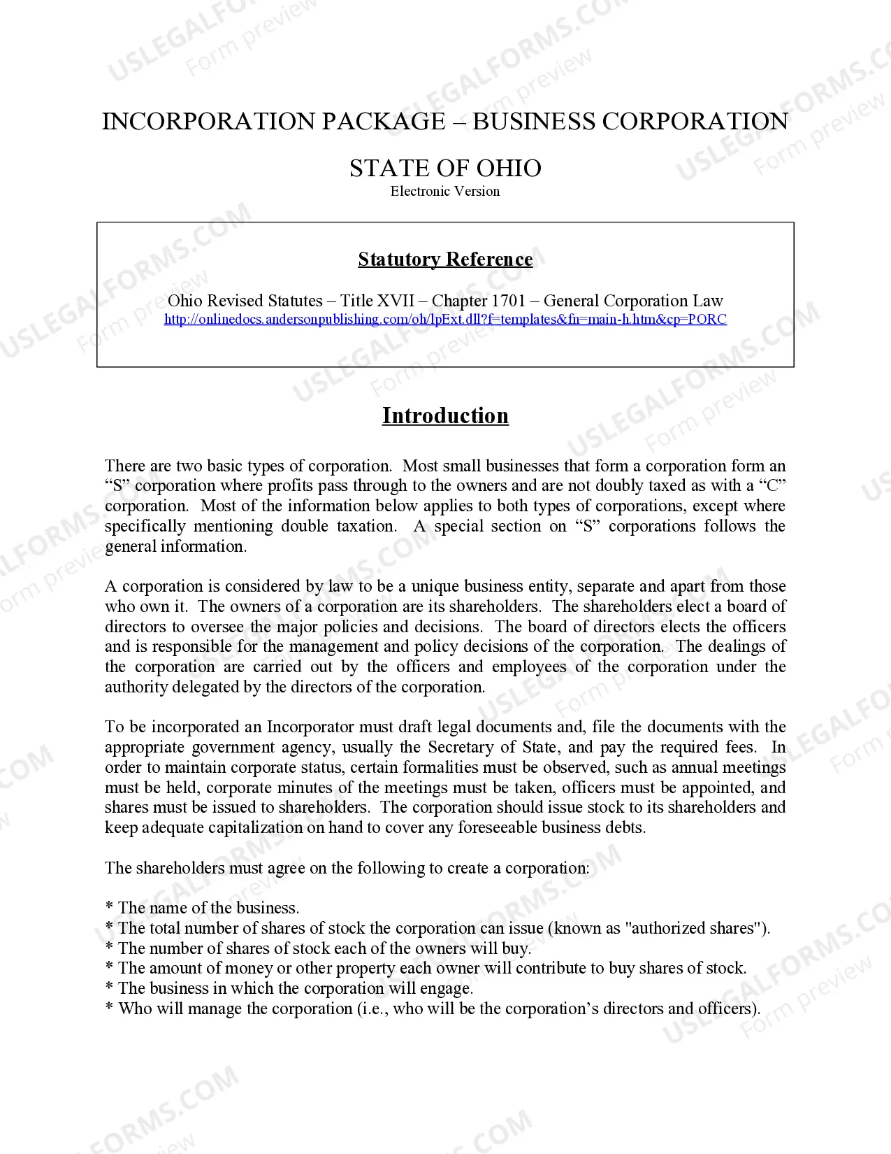 Preview Ohio Business Incorporation Package to Incorporate Corporation