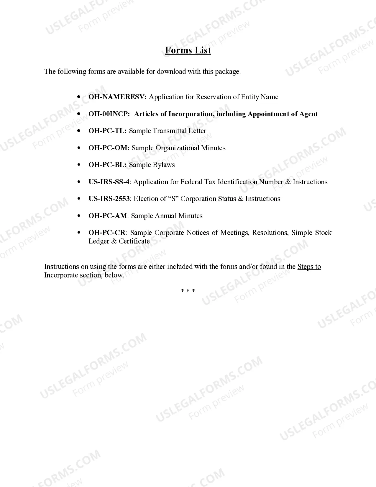 Preview Professional Corporation Package for Ohio