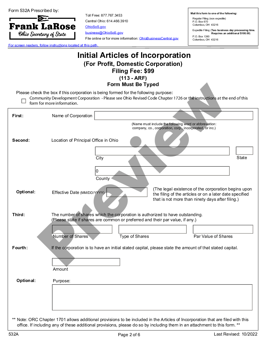 page 1 Initial Articles of Incorporation for Domestic For-Profit Corporation - Ohio preview