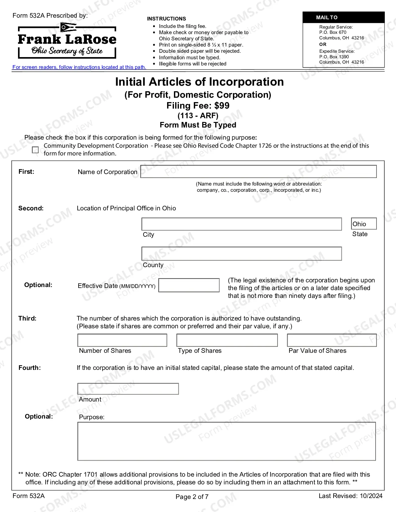 Preview Initial Articles of Incorporation for Domestic For-Profit Corporation