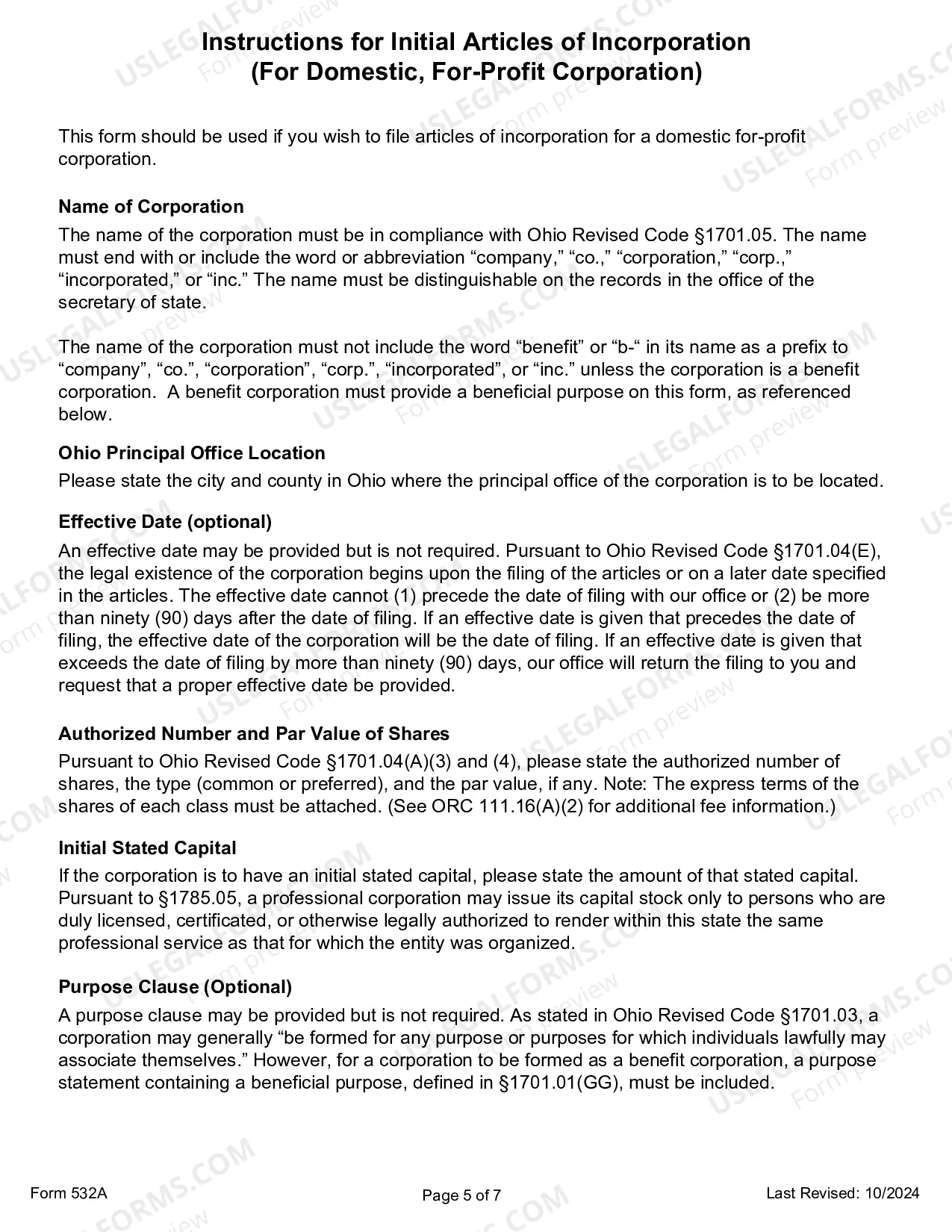 Preview Initial Articles of Incorporation for Domestic For-Profit Corporation