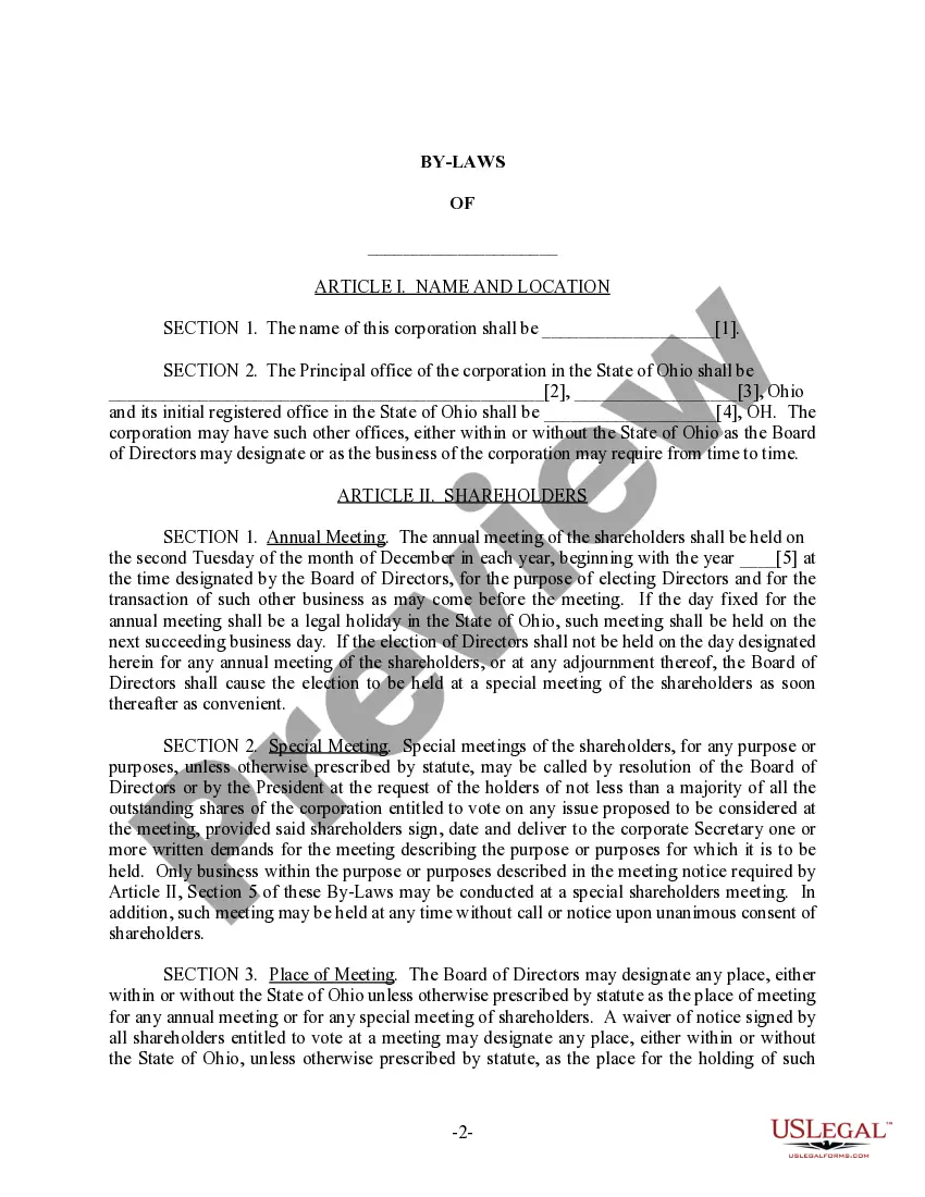 Preview Ohio Bylaws for Corporation