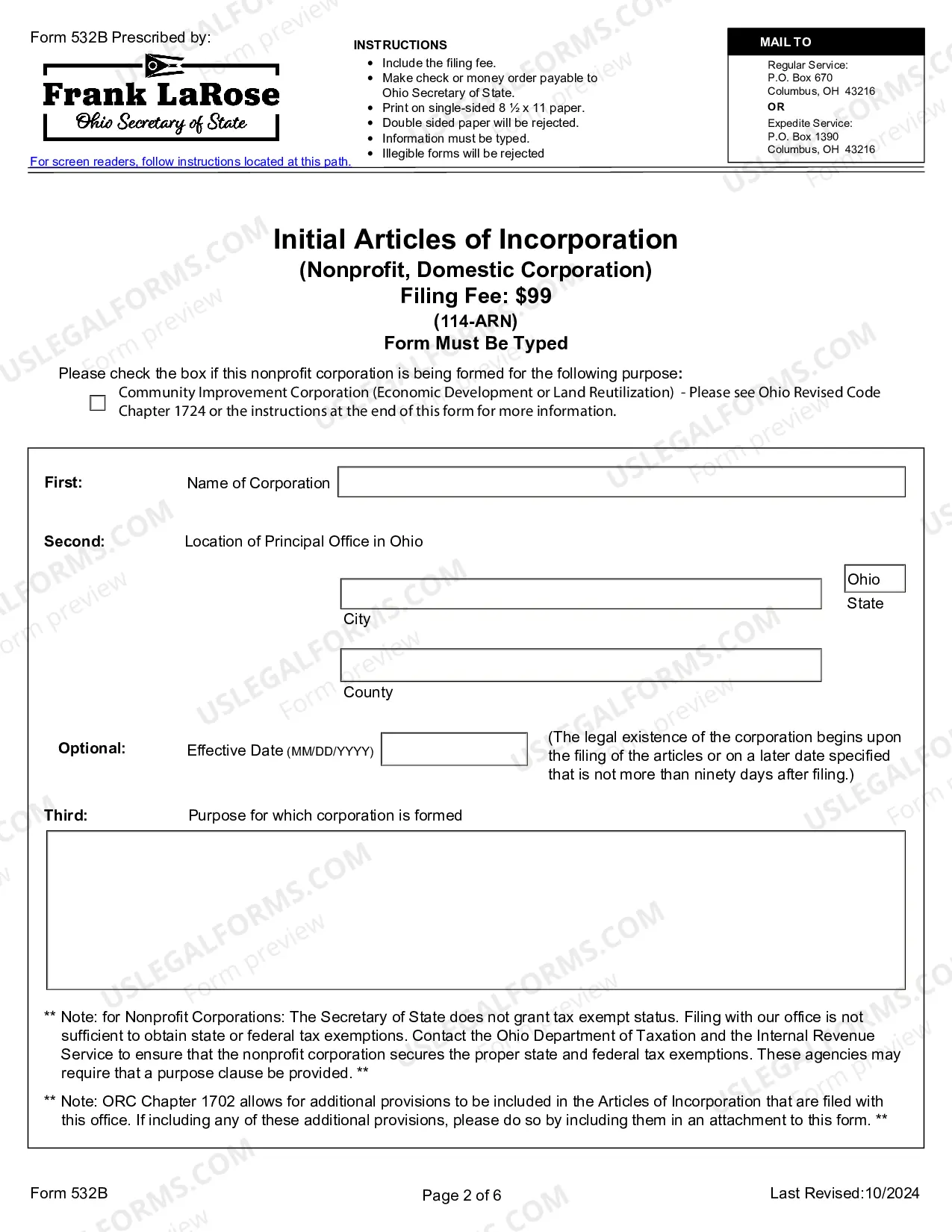 Preview Initial Articles of Incorporation for Domestic Nonprofit Corporation in Ohio