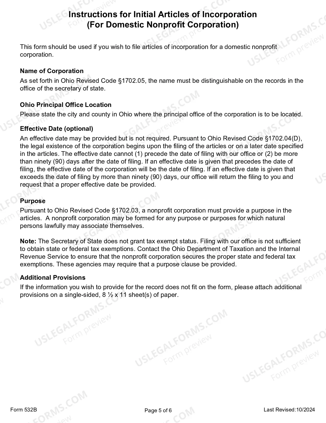 Preview Initial Articles of Incorporation for Domestic Nonprofit Corporation in Ohio
