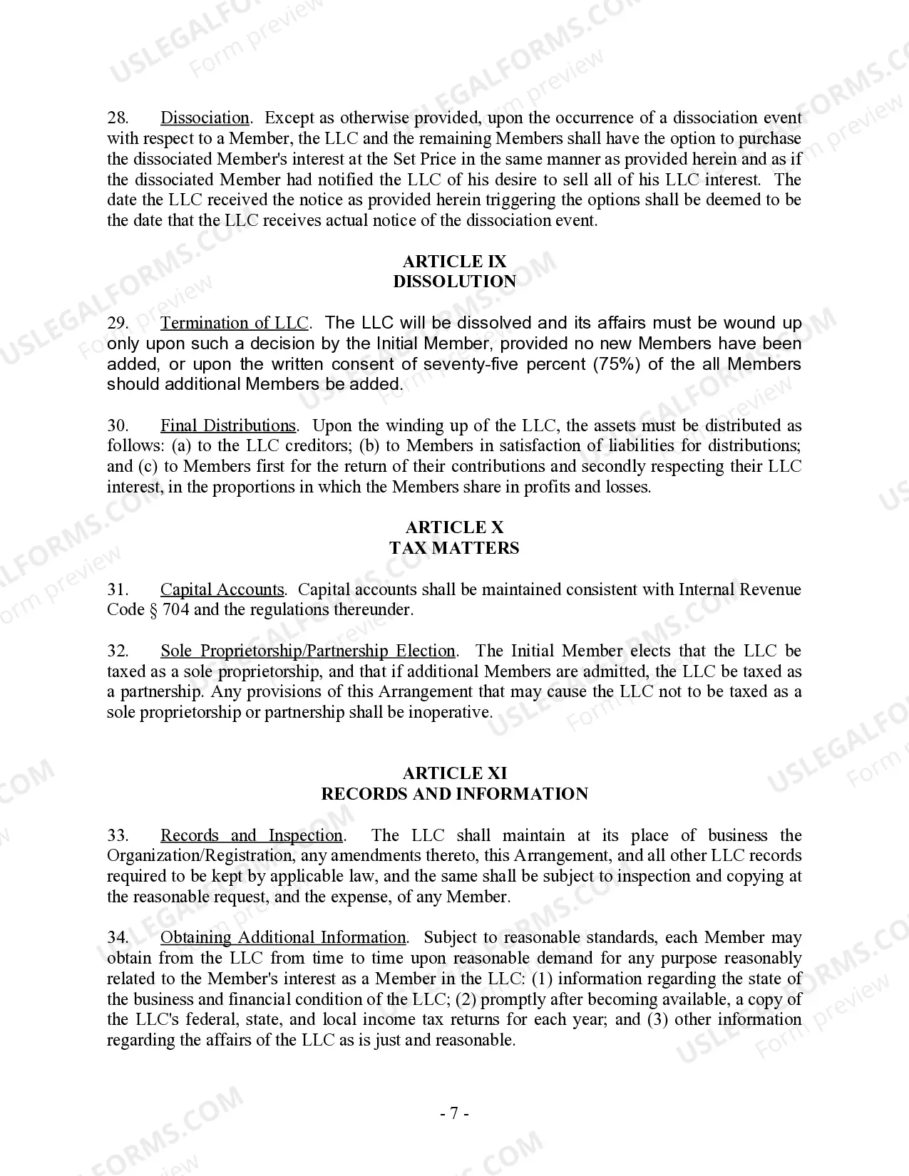 Preview Single Member Limited Liability Company LLC Operating Agreement