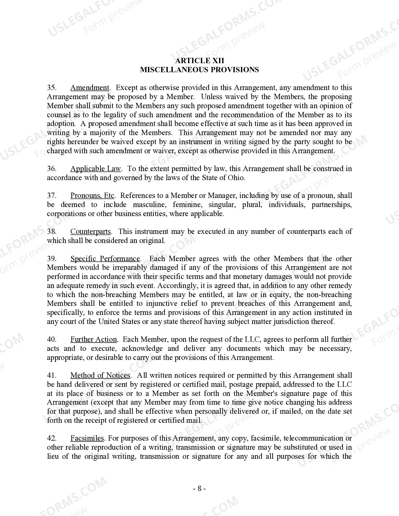 Preview Single Member Limited Liability Company LLC Operating Agreement