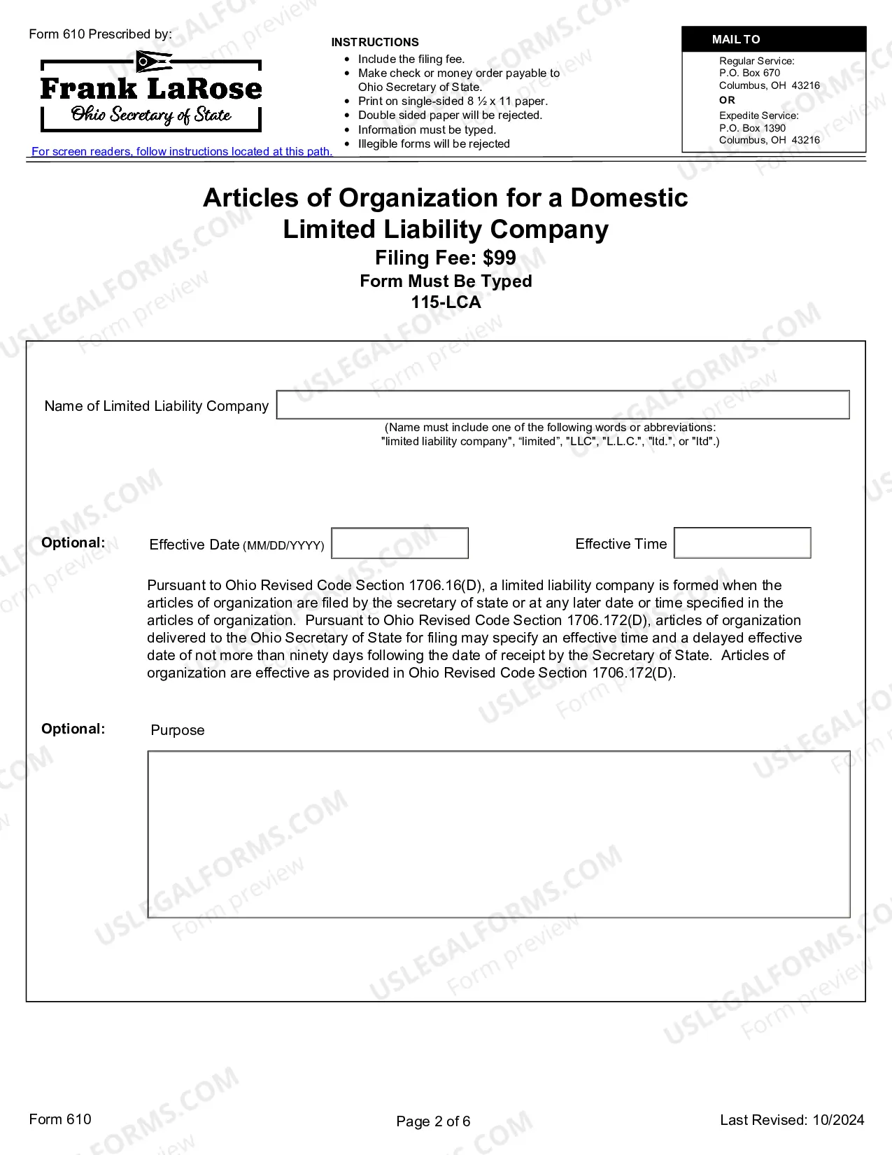 Preview Organization - Registration - Domestic Limited Liability Company LLC