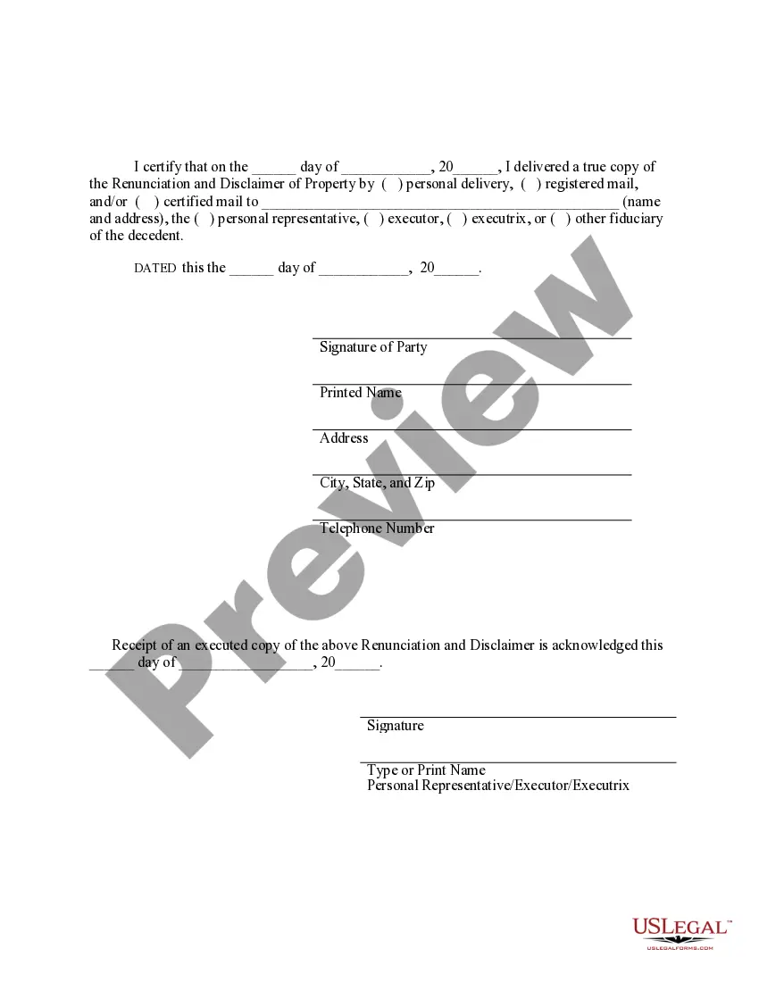 Preview Renunciation And Disclaimer of Joint Tenant or Tenancy Interest