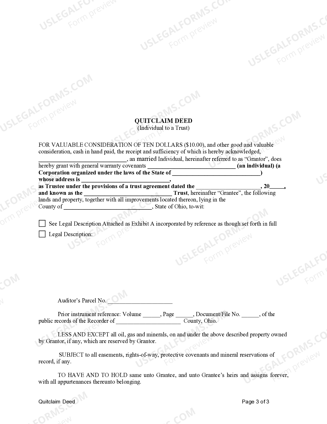 Akron Ohio General Warranty Deed from Individual to a Trust US Legal