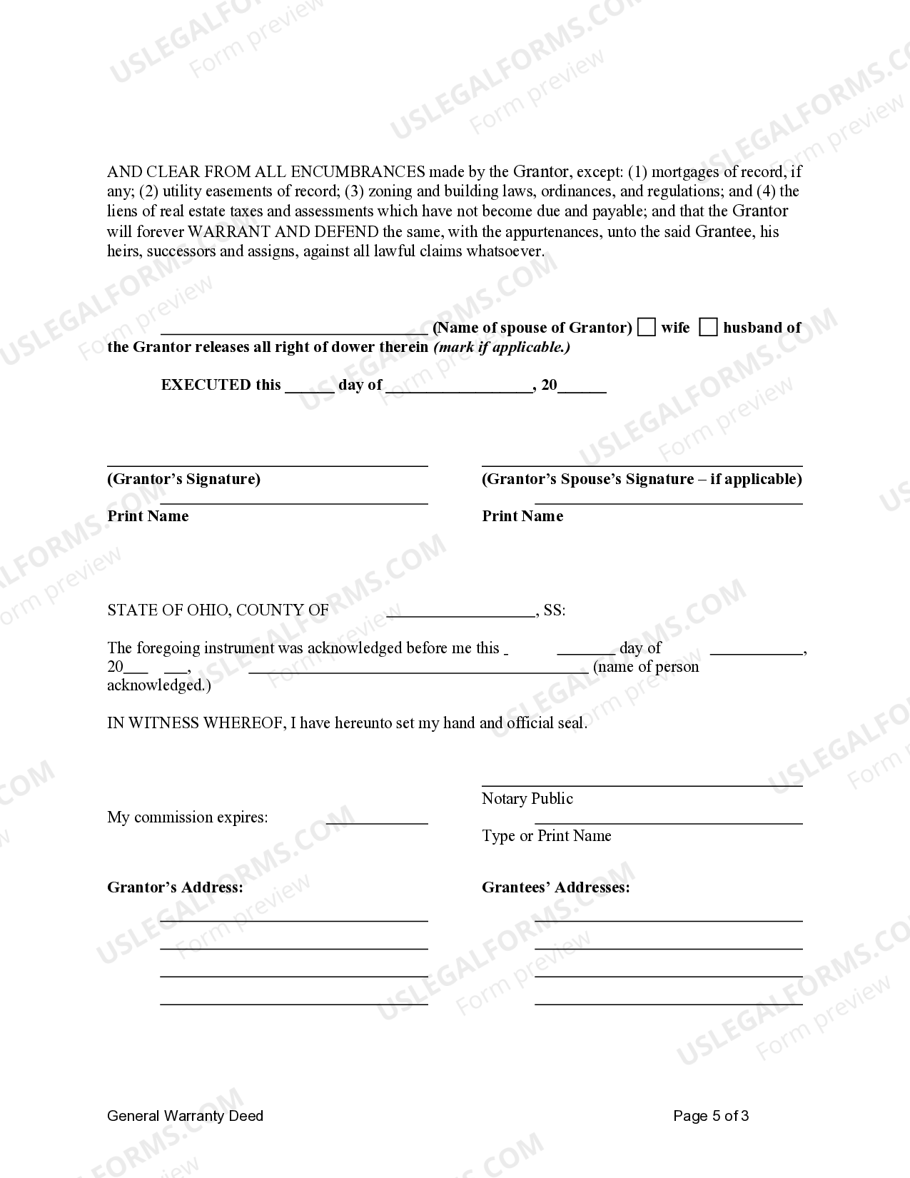 Ohio General Warranty Deed from Husband to Himself and Wife US Legal