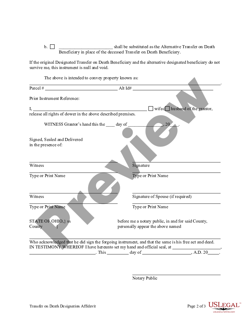 Ohio Transfer On Death Designation Affidavit - Beneficiary Death 