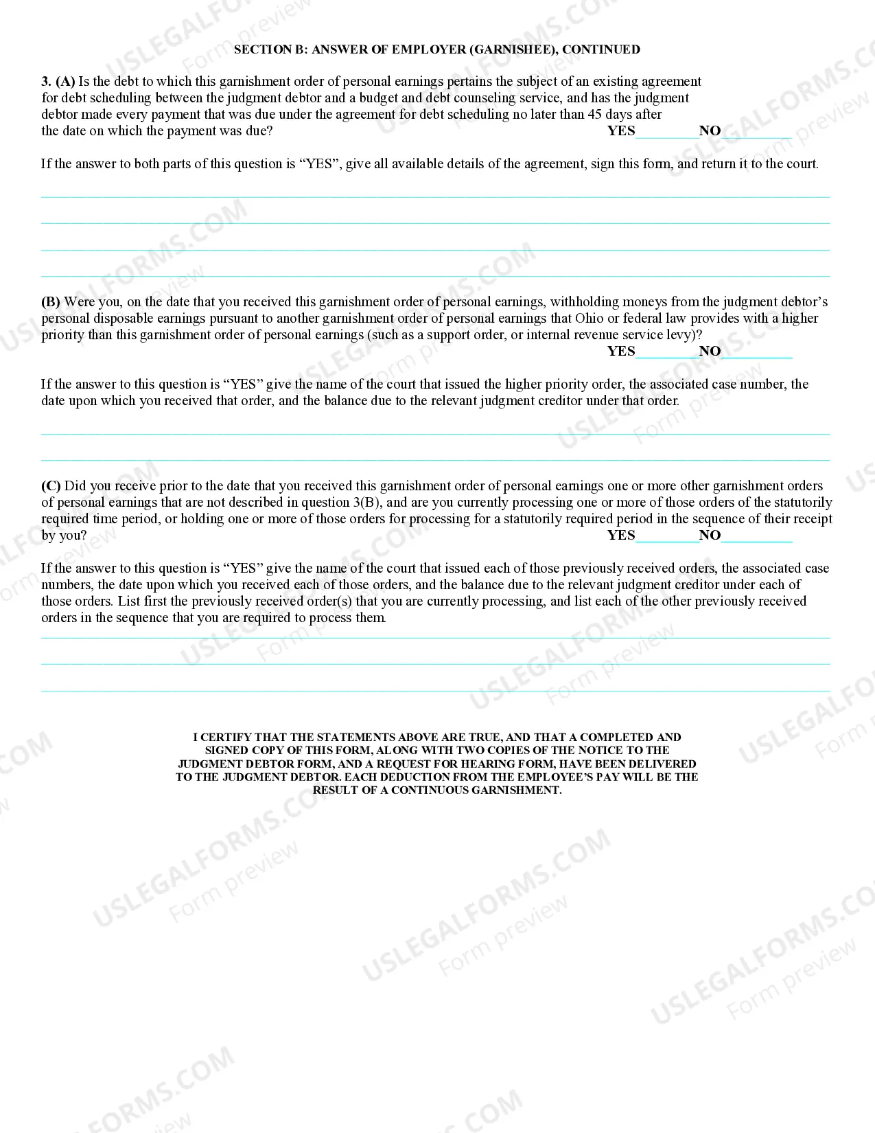 Preview Affidavit and Notice of Garnishment of Personal Earnings and Answer of Employer