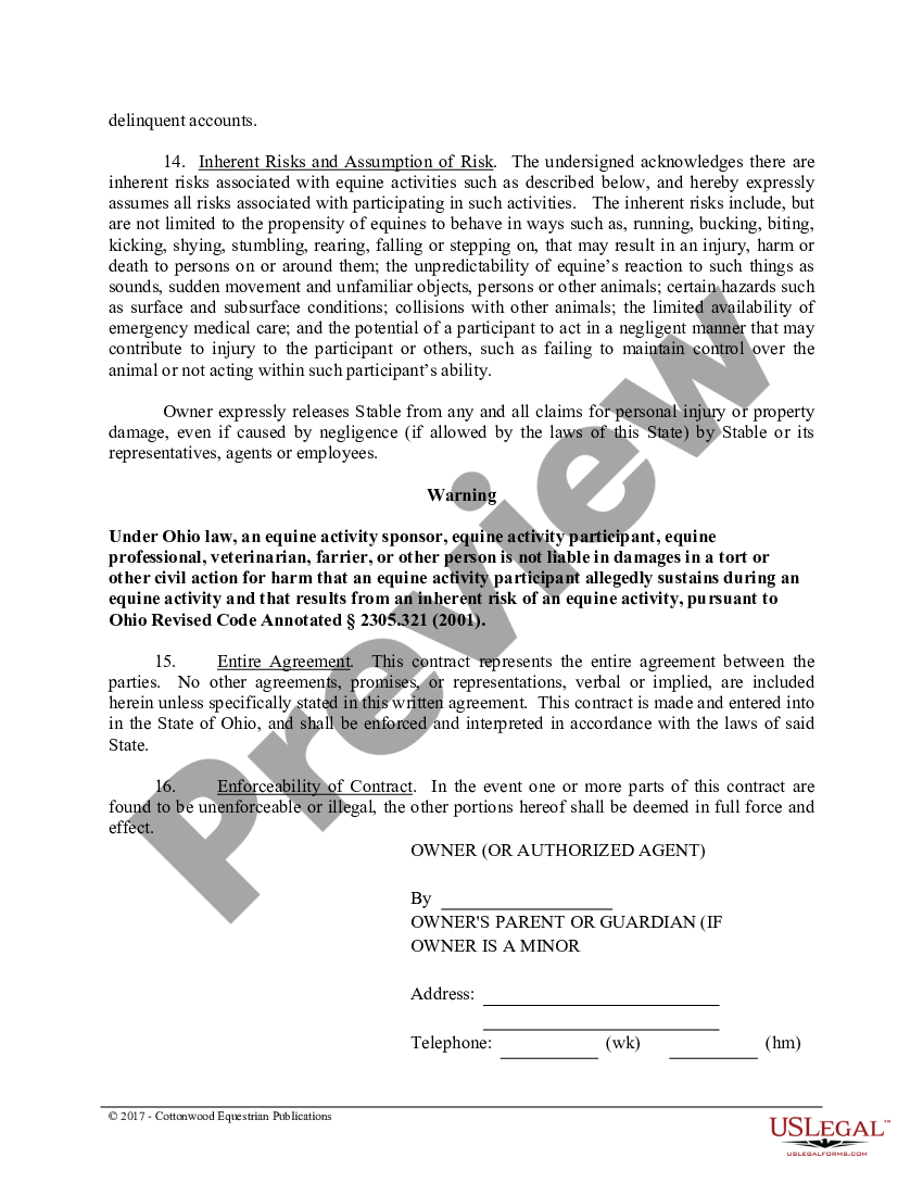 Ohio Boarding Stable Agreement Horse Equine Forms Printable Horse