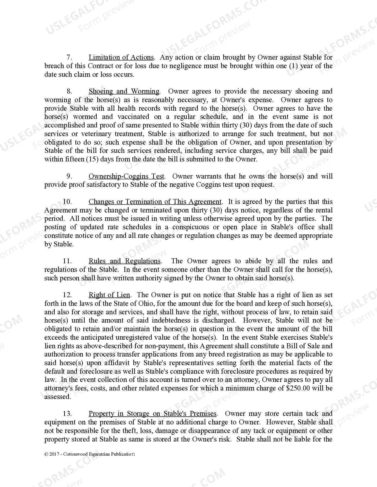 Preview Boarding Stable Agreement - Horse Equine Forms