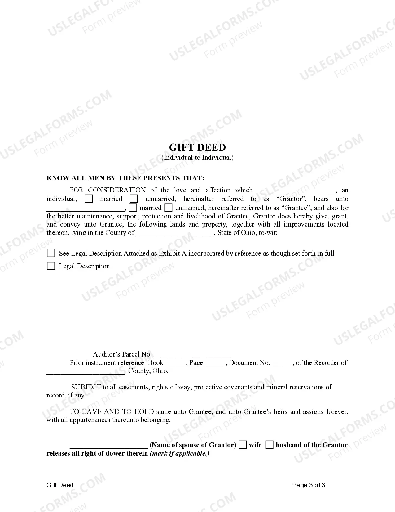Preview Ohio Gift Deed for Individual to Individual