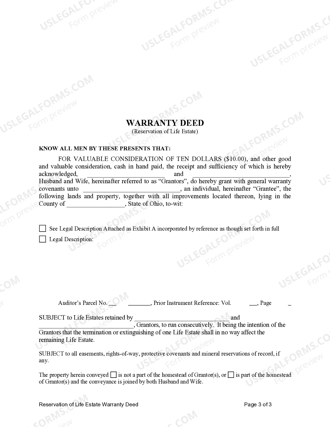 Preview Warranty Deed to Child Reserving a Life Estate in the Parents
