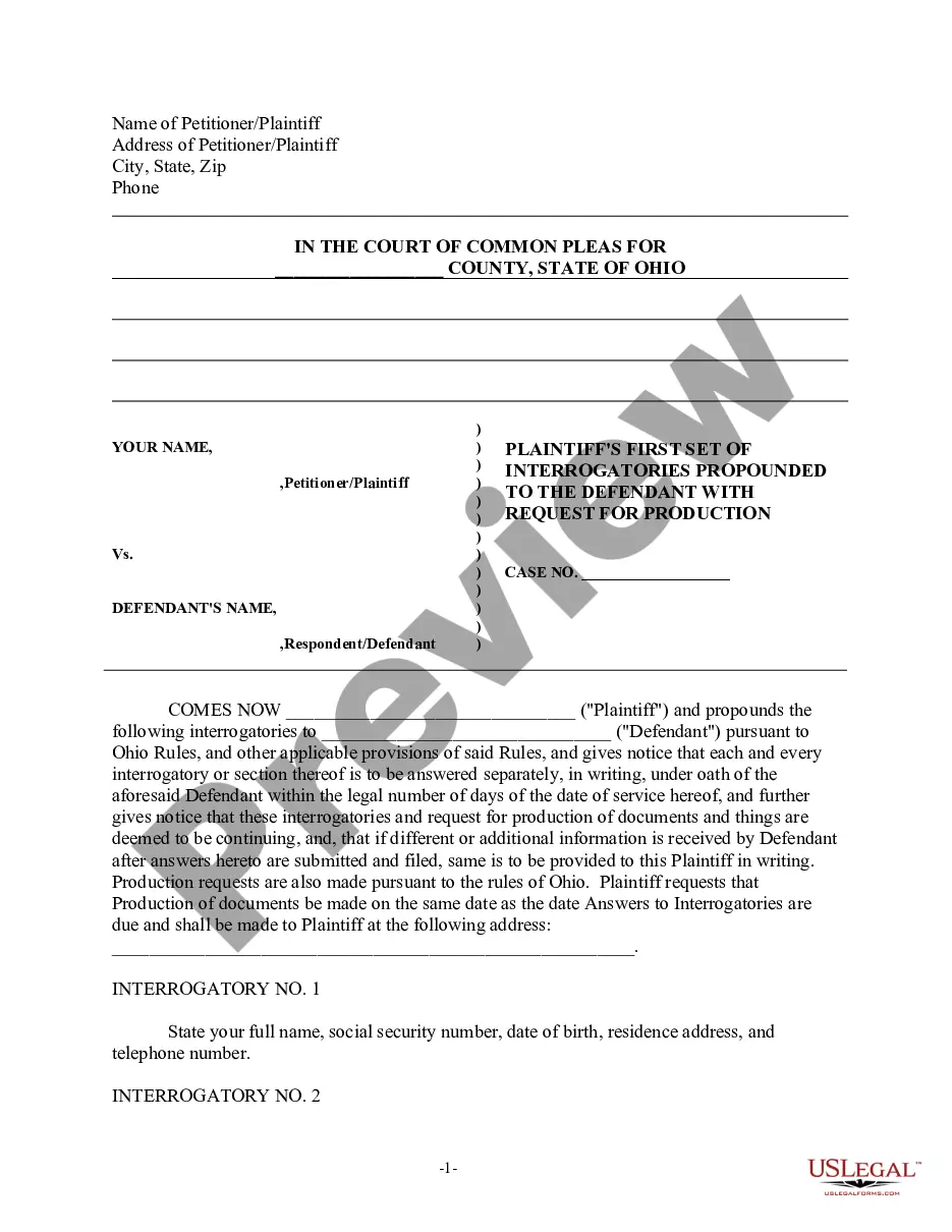 Ohio Discovery Interrogatories from Plaintiff to Defendant with