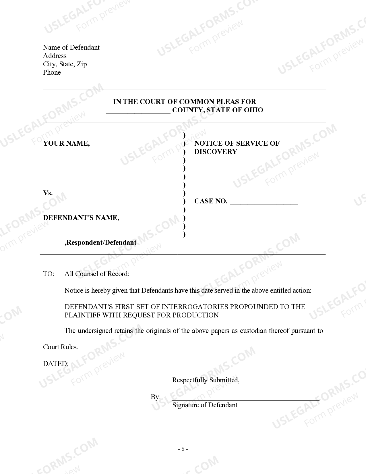 Ohio Discovery Interrogatories from Defendant to Plaintiff with