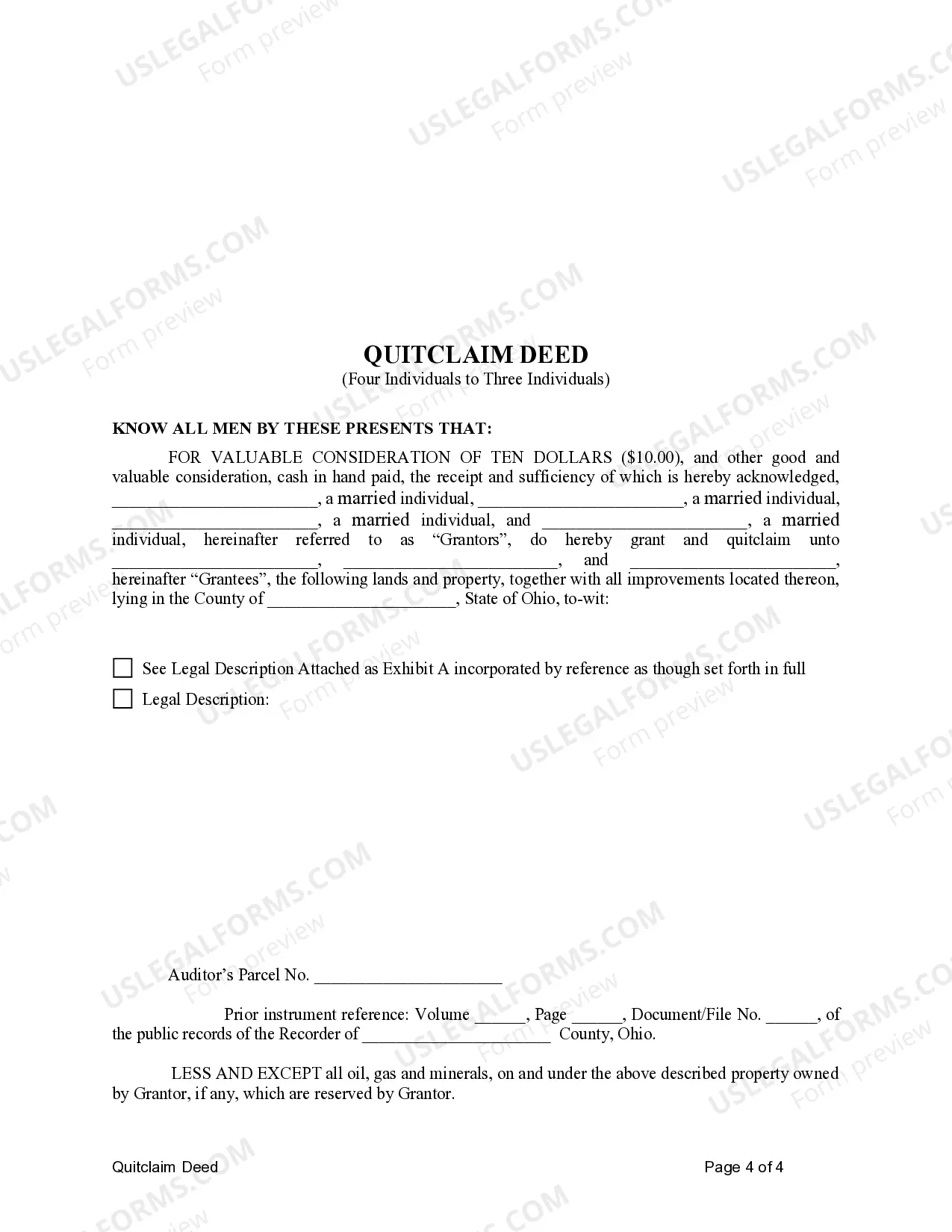 Preview Quitclaim Deed - Four Individuals to Three Individuals