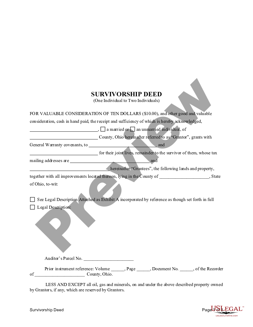 Ohio Survivorship Deed Individual To Two Individuals Survivorship Deed Form Us Legal Forms 0975